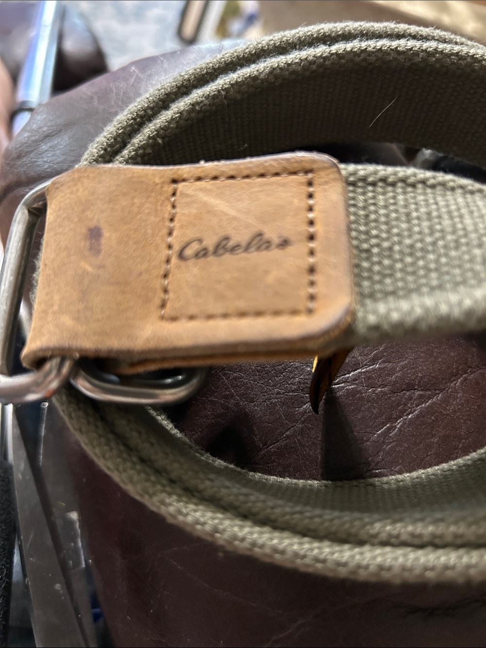 Cabela's Olive Canvas Belt with Brown Leather Trim Size 40-42 Vintage EUC